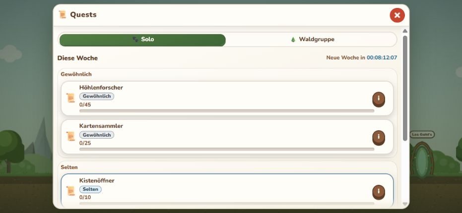 Die aktuellen Solo-Wochenquests mit Fortschritt und Info-Knöpfen